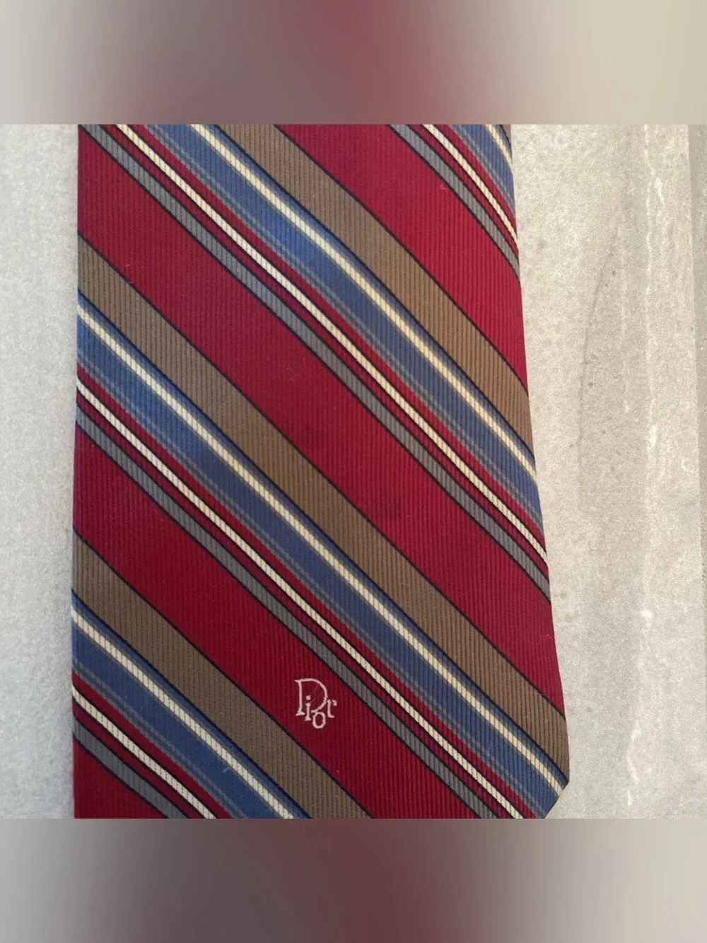 VTG Christian Dior Men’s Necktie Red White Blue Gray Stripe Logo Wording